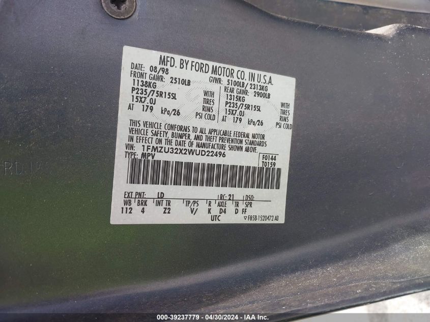 1998 Ford Explorer Eddie Bauer/Limited/Xl/Xlt VIN: 1FMZU32X2WUD22496 Lot: 39237779