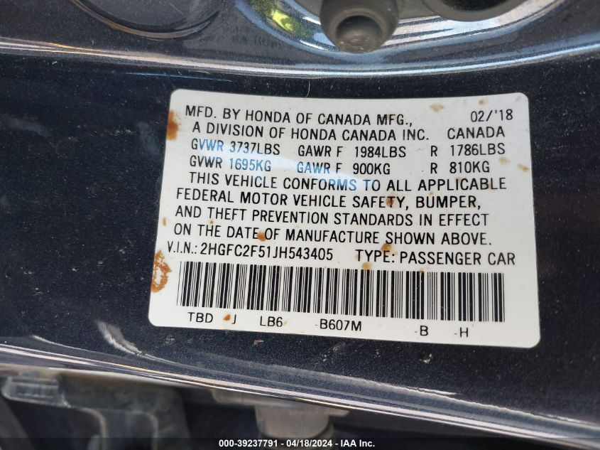 2018 Honda Civic Lx VIN: 2HGFC2F51JH543405 Lot: 39237791