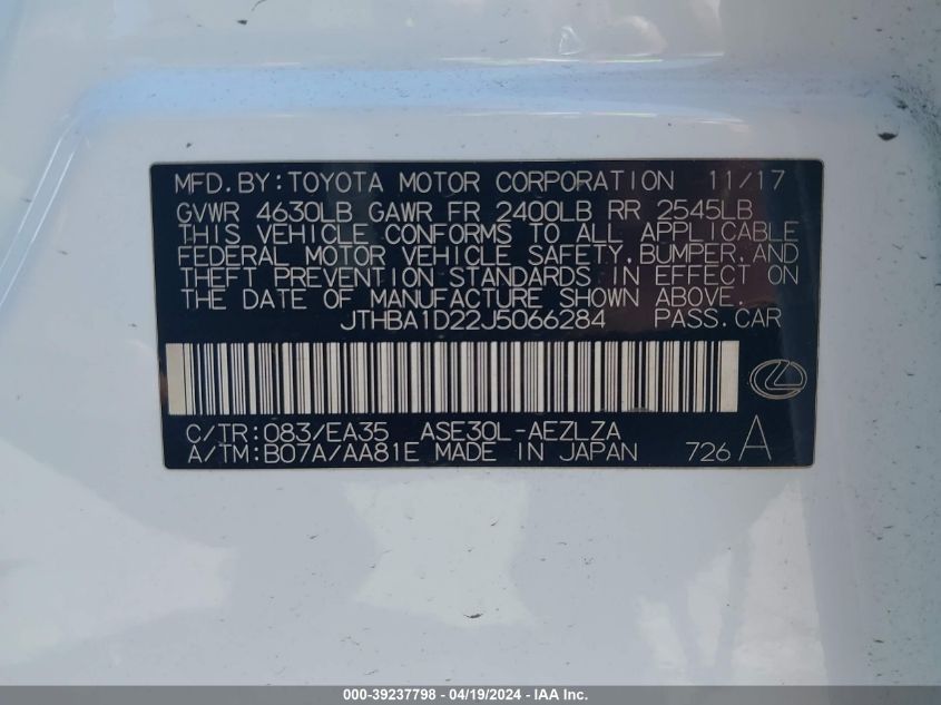 2018 Lexus Is 300 VIN: JTHBA1D22J5066284 Lot: 39237798