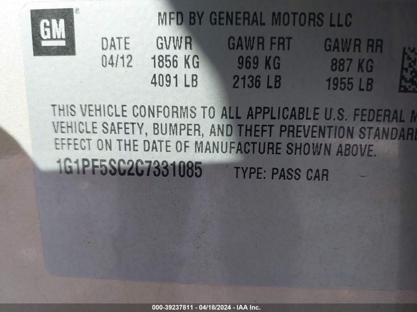 2012 Chevrolet Cruze 1Lt VIN: 1G1PF5SC2C7331085 Lot: 39237811