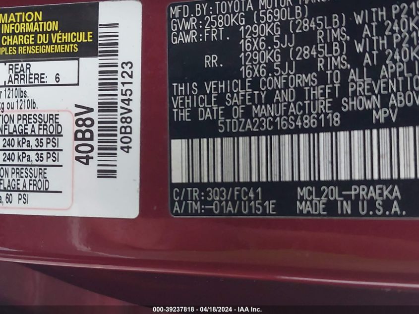 2006 Toyota Sienna Le VIN: 5TDZA23C16S486118 Lot: 39237818