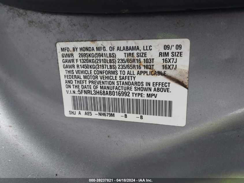 2010 Honda Odyssey Ex-L VIN: 5FNRL3H68AB016992 Lot: 39237821