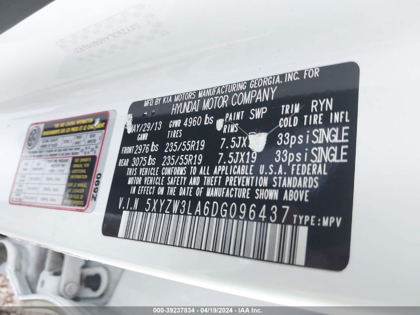 2013 Hyundai Santa Fe Sport 2.0T VIN: 5XYZW3LA6DG096437 Lot: 39237834