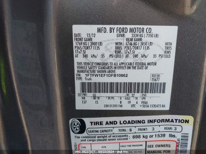 2013 Ford F-150 Xl VIN: 1FTFW1EF1DFB10862 Lot: 40324584