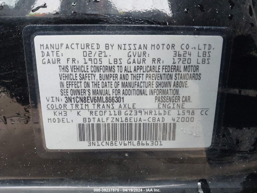 2021 Nissan Versa Sv Xtronic Cvt VIN: 3N1CN8EV6ML866301 Lot: 39237875