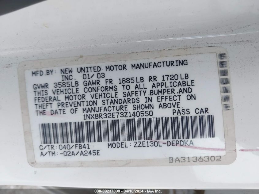 2003 Toyota Corolla Ce VIN: 1NXBR32E73Z140550 Lot: 39237898