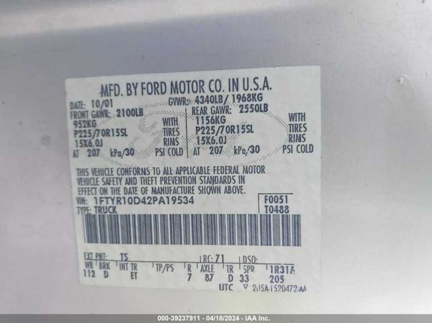 2002 Ford Ranger Xl/Xlt VIN: 1FTYR10D42PA19534 Lot: 39237911