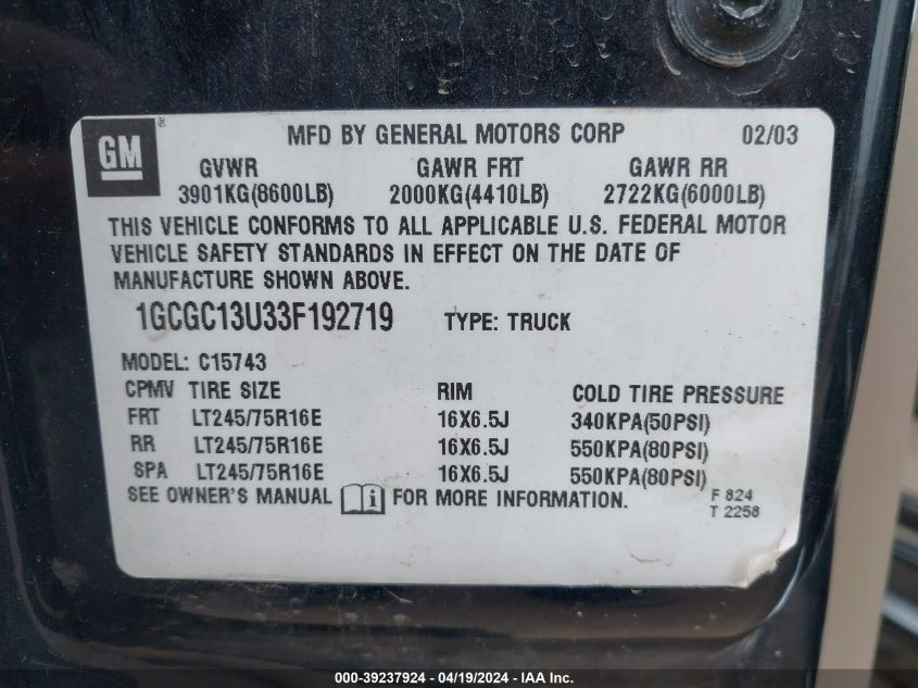 2003 Chevrolet Silverado 1500Hd Ls VIN: 1GCGC13U33F192719 Lot: 39237924