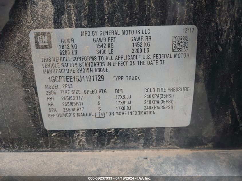 2018 Chevrolet Colorado Zr2 VIN: 1GCPTEE16J1191729 Lot: 39237933