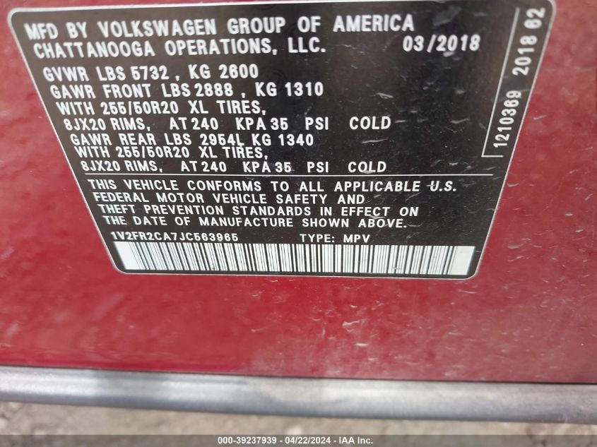 2018 Volkswagen Atlas 3.6L V6 Se W/Technology VIN: 1V2FR2CA7JC563965 Lot: 39237939