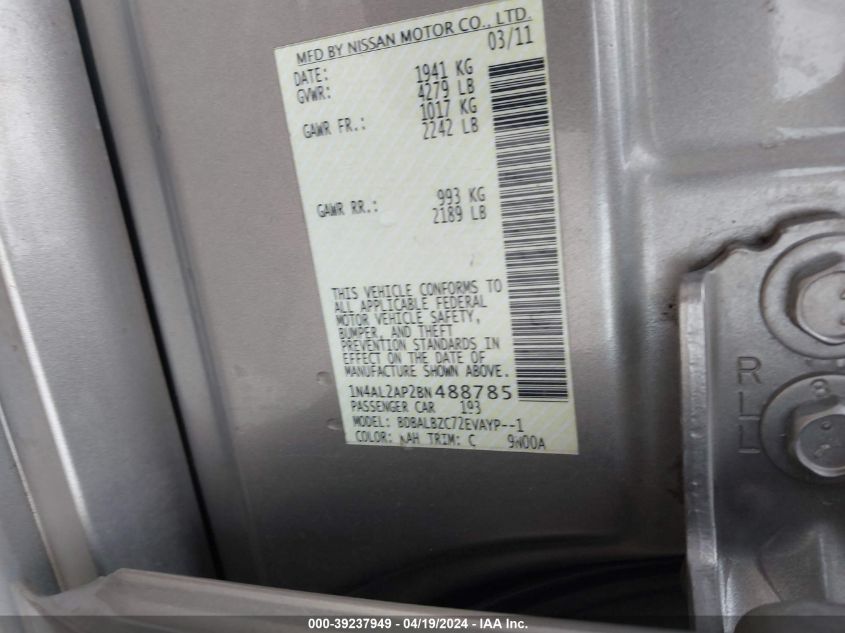 2011 Nissan Altima 2.5 S VIN: 1N4AL2AP2BN488785 Lot: 39237949