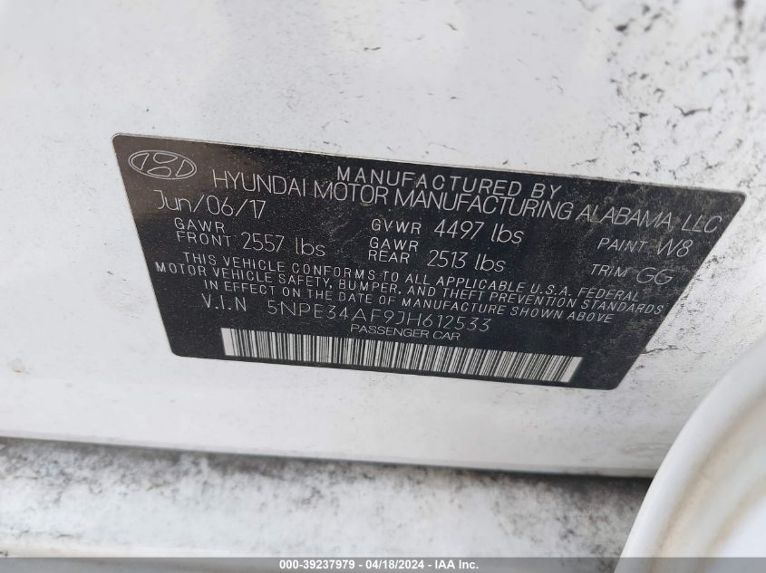 2018 Hyundai Sonata Sel VIN: 5NPE34AF9JH612533 Lot: 39237979