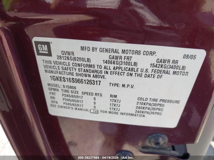 2006 GMC Envoy Xl Sle VIN: 1GKES16S966126317 Lot: 39237984