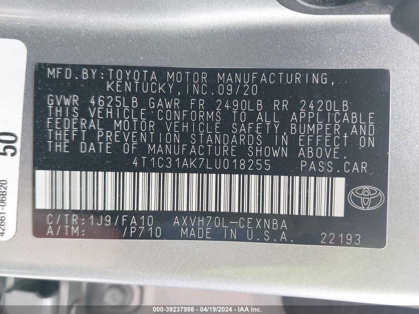 VIN 4T1C31AK7LU018255 2020 TOYOTA CAMRY LE