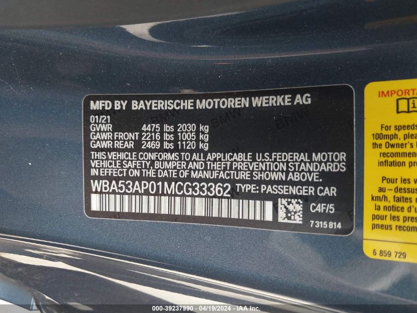 2021 BMW 430I VIN: WBA53AP01MCG33362 Lot: 39237990