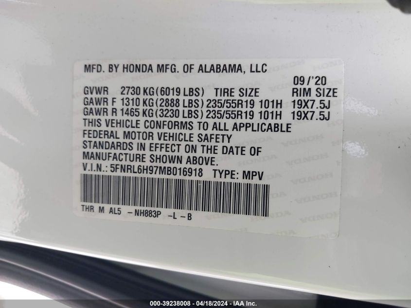 2021 Honda Odyssey Elite VIN: 5FNRL6H97MB016918 Lot: 39238008