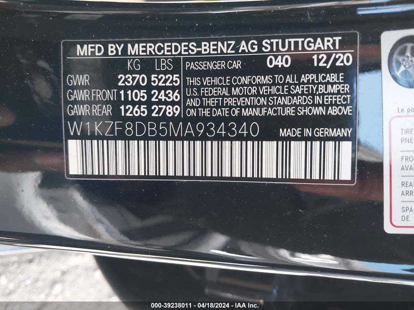 2021 MERCEDES-BENZ E 350 VIN: W1KZF8DB5MA934340