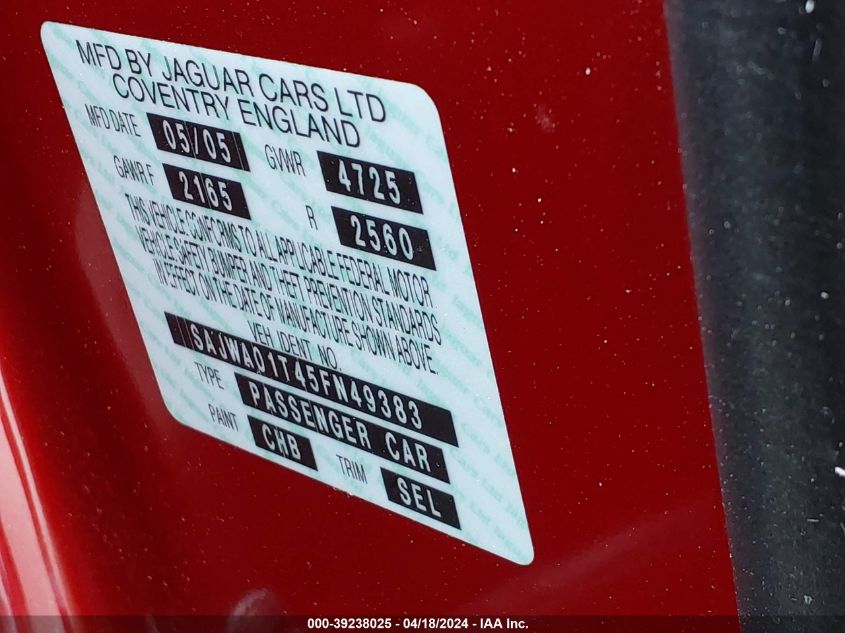 2005 Jaguar S-Type 3.0L V6 VIN: SAJWA01T45FN49383 Lot: 39238025