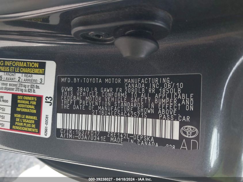 2010 Toyota Corolla S VIN: 2T1BU4EE5AC425715 Lot: 39238027