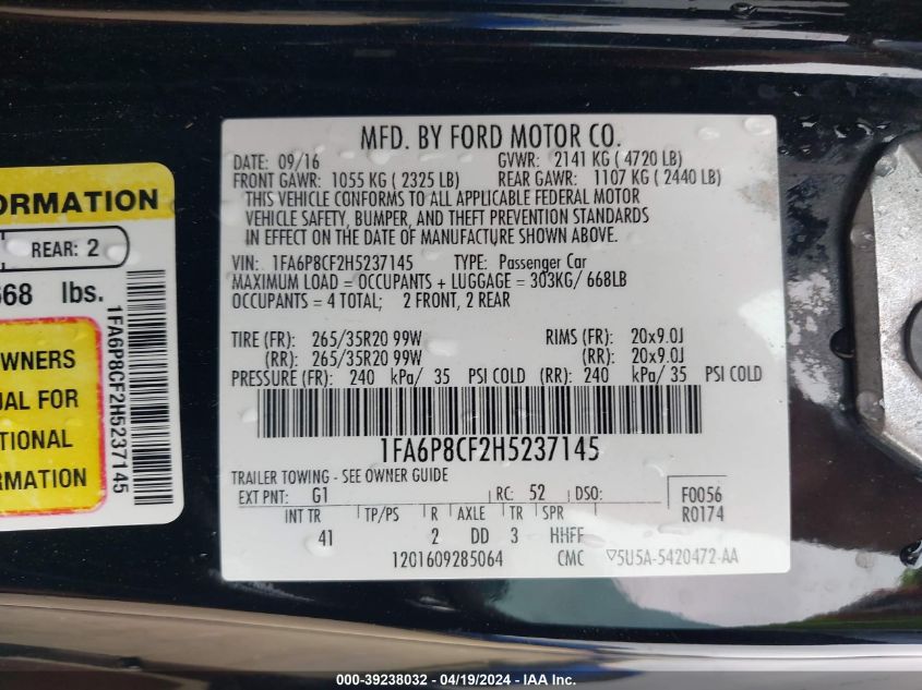 2017 Ford Mustang Gt Premium VIN: 1FA6P8CF2H5237145 Lot: 39238032