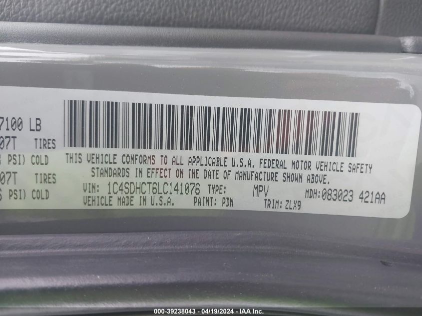 2020 Dodge Durango R/T Rwd VIN: 1C4SDHCT6LC141076 Lot: 39238043