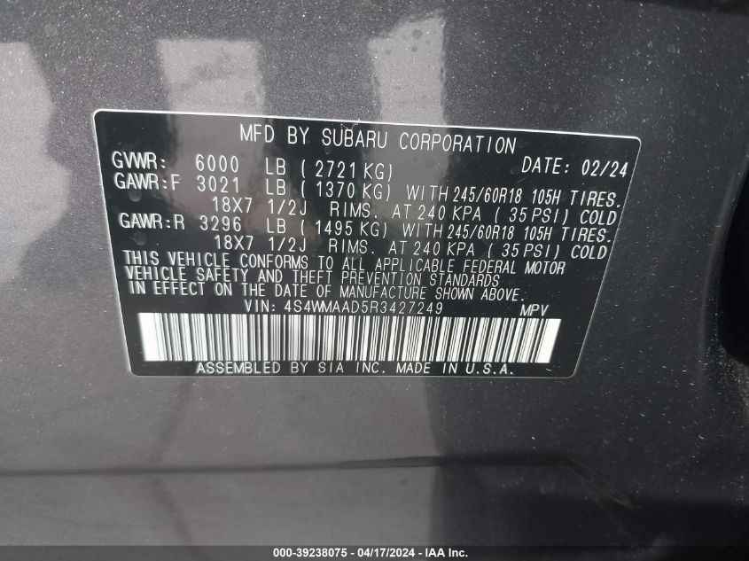 2024 Subaru Ascent Base 8-Passenger VIN: 4S4WMAAD5R3427249 Lot: 39238075