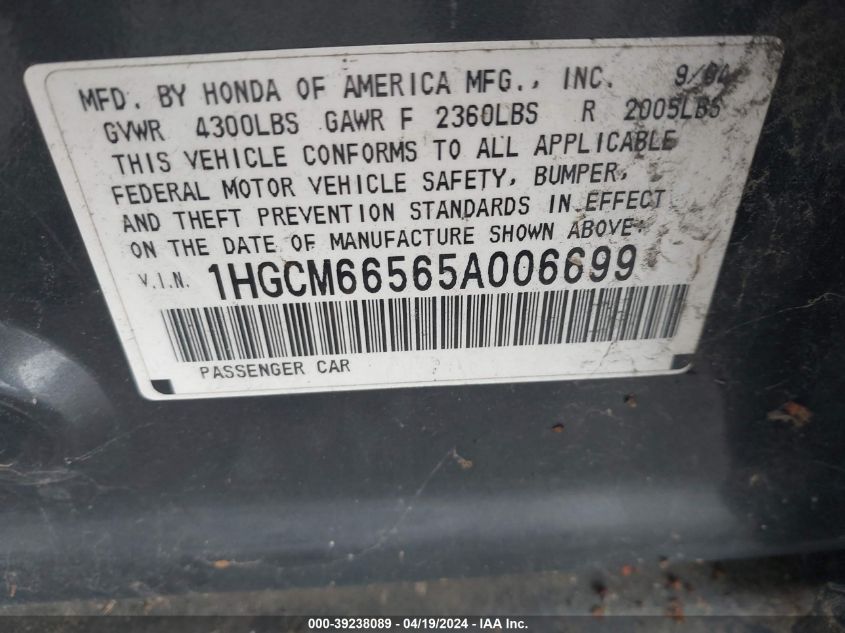 1HGCM66565A006699 | 2005 HONDA ACCORD