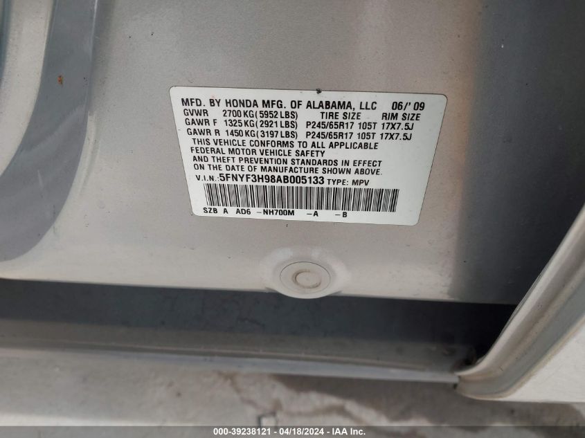 2010 Honda Pilot Touring VIN: 5FNYF3H98AB005133 Lot: 39238121