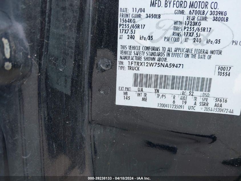 2005 Ford F-150 Stx/Xl/Xlt VIN: 1FTRX12W75NA59471 Lot: 39238133