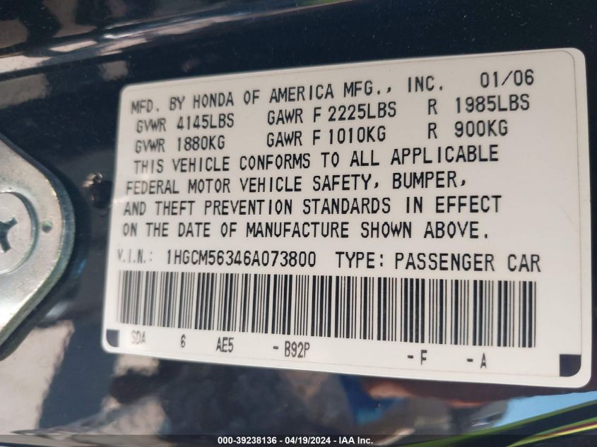 2006 Honda Accord 2.4 Se VIN: 1HGCM56346A073800 Lot: 39238136