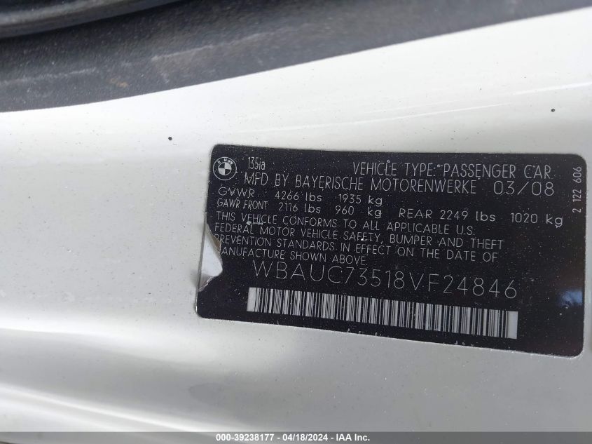 2008 BMW 135I VIN: WBAUC73518VF24846 Lot: 39238177