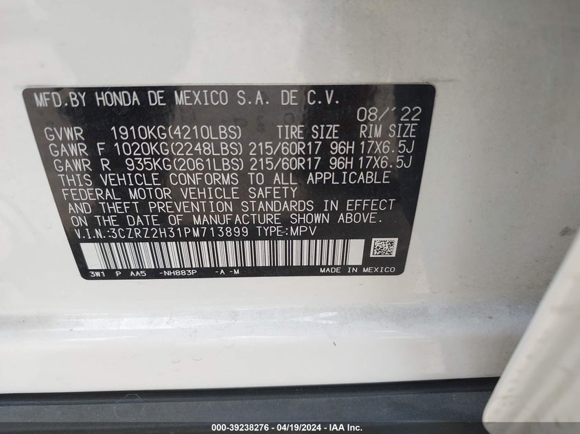 VIN 3CZRZ2H31PM713899 2023 HONDA HR-V AWD LX