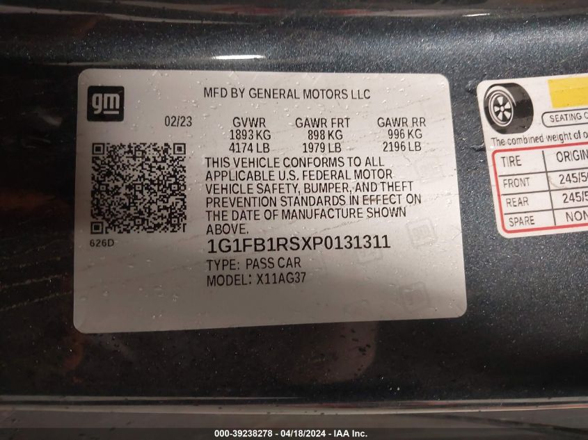 2023 Chevrolet Camaro Rwd 1Lt VIN: 1G1FB1RSXP0131311 Lot: 39238278