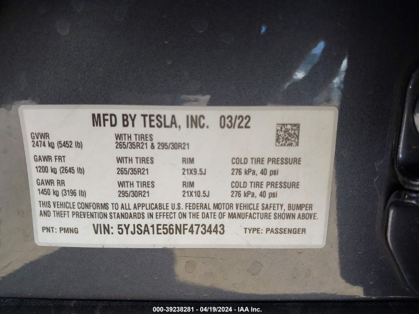 2022 Tesla Model S Dual Motor All-Wheel Drive VIN: 5YJSA1E56NF473443 Lot: 39238281