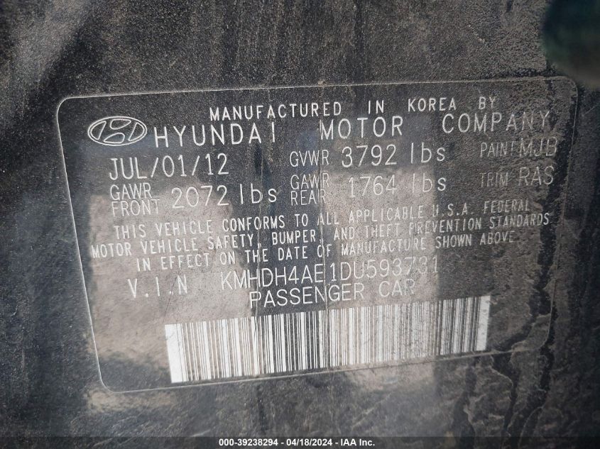 2013 Hyundai Elantra Gls VIN: KMHDH4AE1DU593731 Lot: 39238294