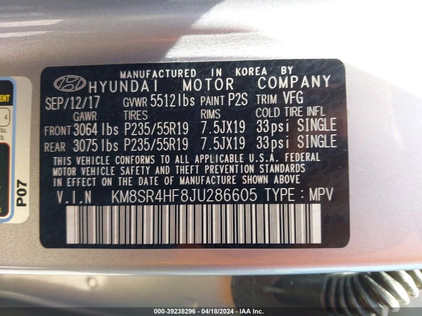 2018 Hyundai Santa Fe Limited Ultimate VIN: KM8SR4HF8JU286605 Lot: 39238296