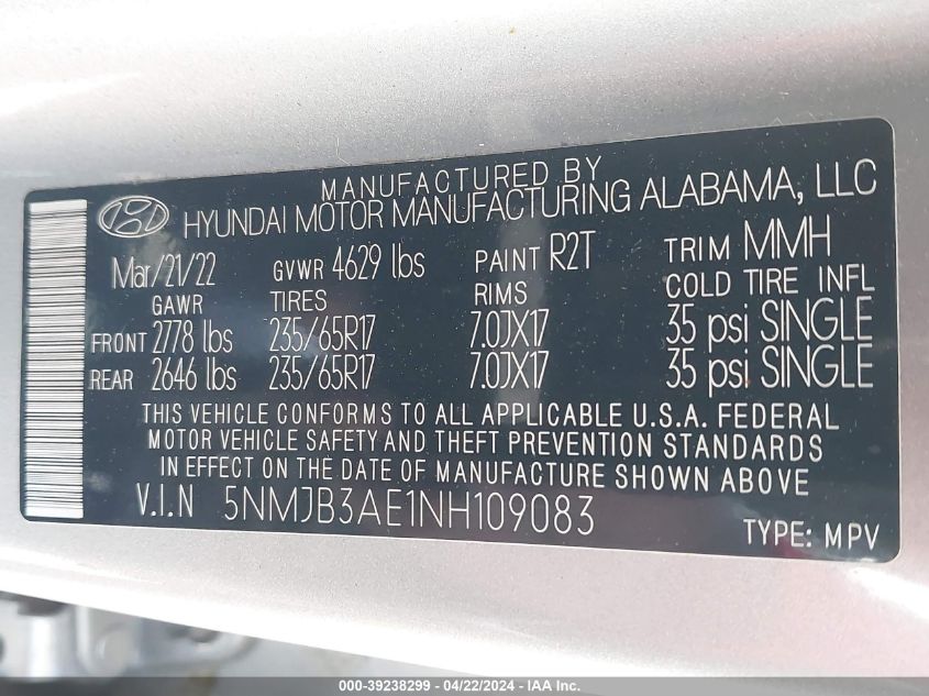 2022 Hyundai Tucson Sel VIN: 5NMJB3AE1NH109083 Lot: 39238299