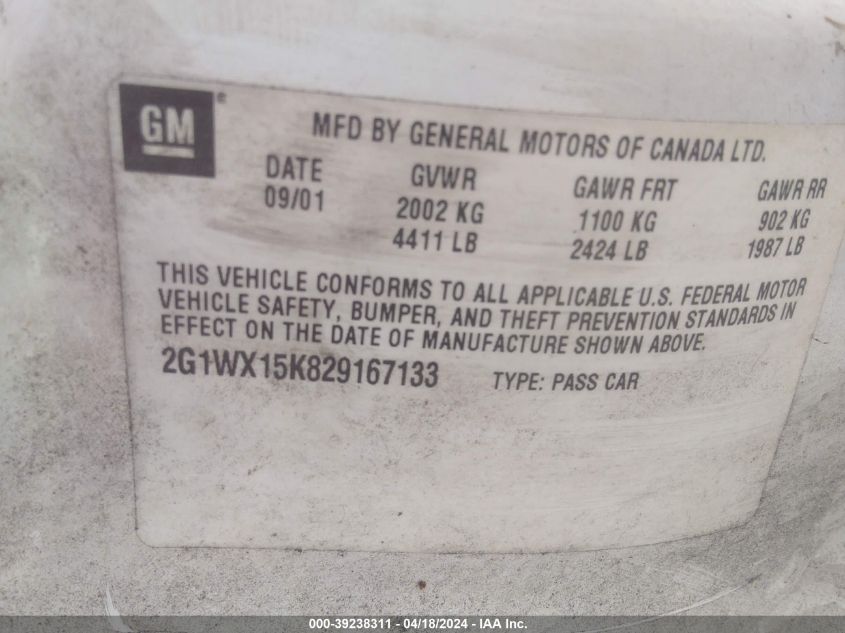 2002 Chevrolet Monte Carlo Ss VIN: 2G1WX15K829167133 Lot: 39238311
