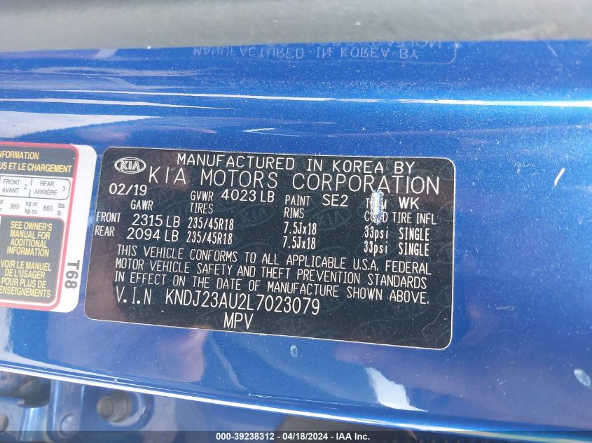 2020 Kia Soul X-Line VIN: KNDJ23AU2L7023079 Lot: 39238312
