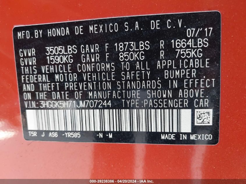 2018 Honda Fit Sport VIN: 3HGGK5H71JM707244 Lot: 39238386