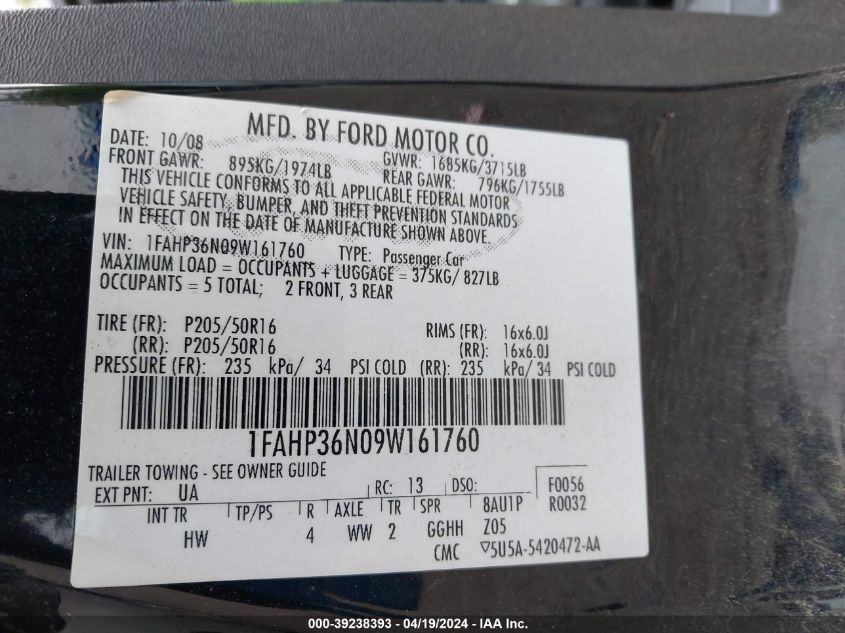 1FAHP36N09W161760 | 2009 FORD FOCUS