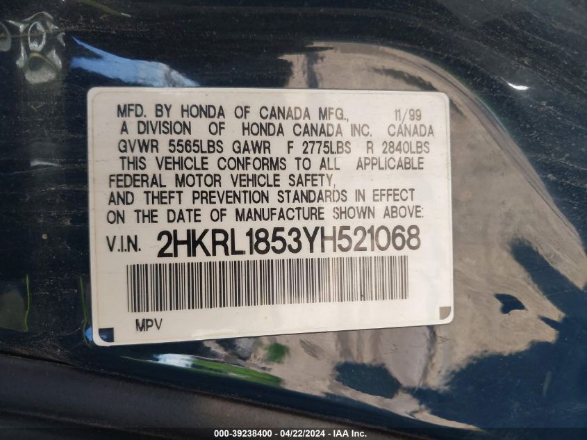 2000 Honda Odyssey Lx VIN: 2HKRL1853YH521068 Lot: 39238400