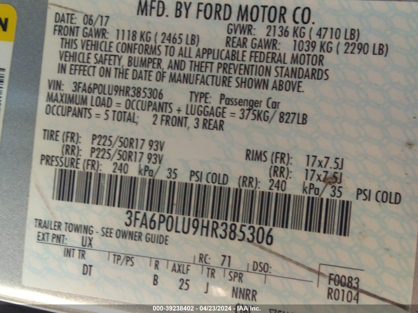 VIN 3FA6P0LU9HR385306 2017 FORD FUSION HYBRID SE