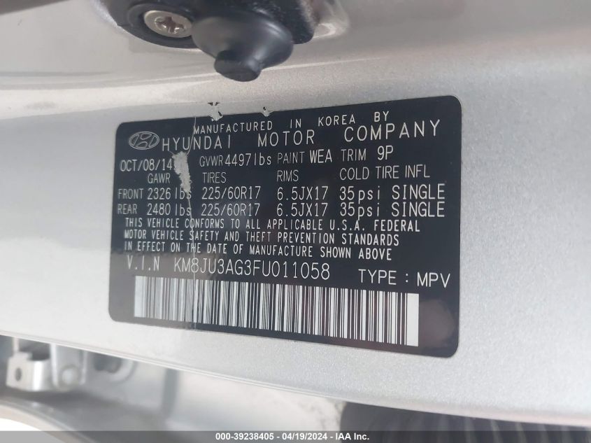 2015 Hyundai Tucson Se VIN: KM8JU3AG3FU011058 Lot: 39238405