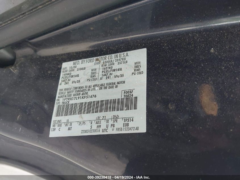 2001 Ford F-150 Lariat/Xl/Xlt VIN: 1FTRX17L91KF51476 Lot: 39238418