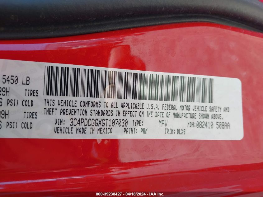 2016 Dodge Journey Crossroad Plus VIN: 3C4PDCGGXGT107030 Lot: 39238427