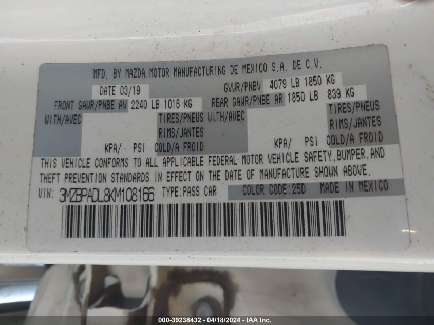2019 Mazda Mazda3 Preferred Package VIN: 3MZBPADL8KM108166 Lot: 39238432