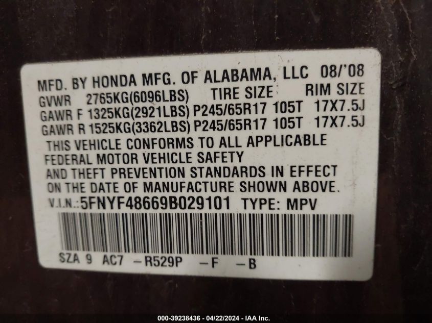 2009 Honda Pilot Ex-L VIN: 5FNYF48669B029101 Lot: 51195274