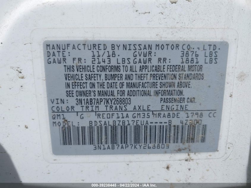 VIN 3N1AB7AP7KY268803 2019 NISSAN SENTRA S