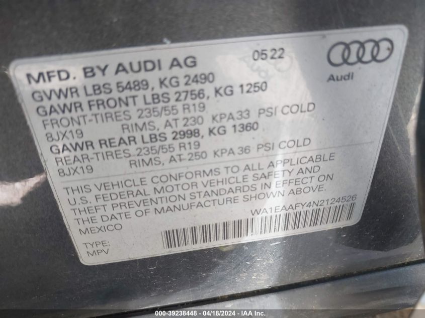 2022 Audi Q5 Premium Plus 45 Tfsi S Line Quattro S Tronic VIN: WA1EAAFY4N2124526 Lot: 39238448